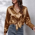 thumbnail image 1 of Womens Blouses Summer Solid Color Satin Silk Lapel Long Sleeve Casual Smock Tops Daily-Wear, 1 of 5