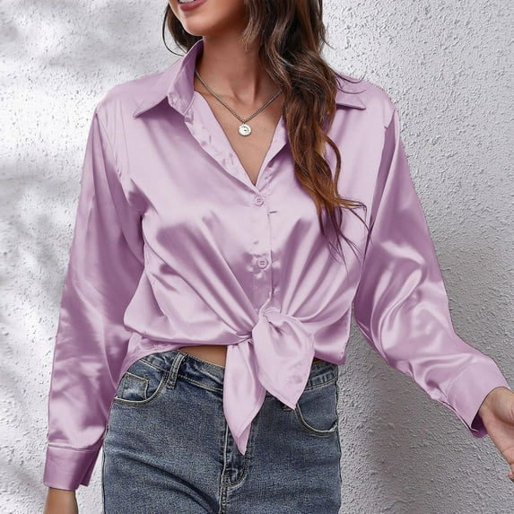 Womens Blouses Summer Solid Color Satin Silk Lapel Long Sleeve Casual Smock Tops Holiday-Wear