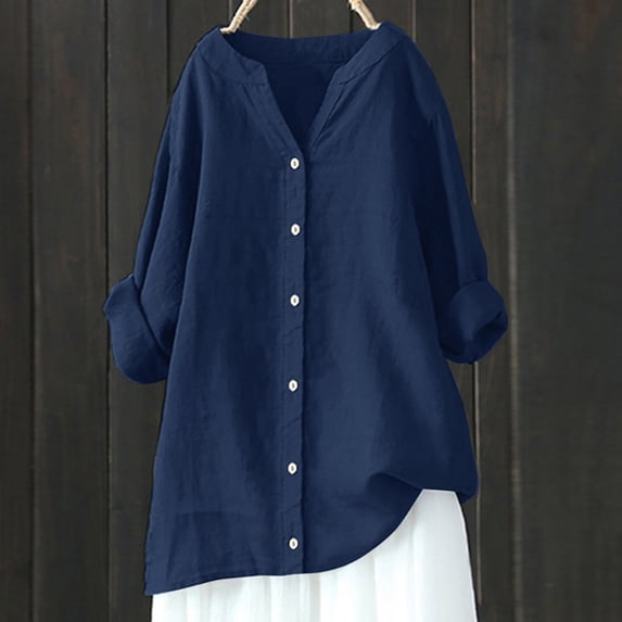 Womens Blouses Summer Solid Color Stank Button Down Long Sleeve Loose Smock Tops Holiday-Wear