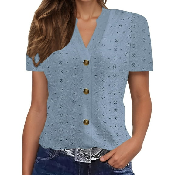 Womens Blouses Solid Color V-Neck Button Hollow Print Short Sleeve Womens T Shirts,BU1,M