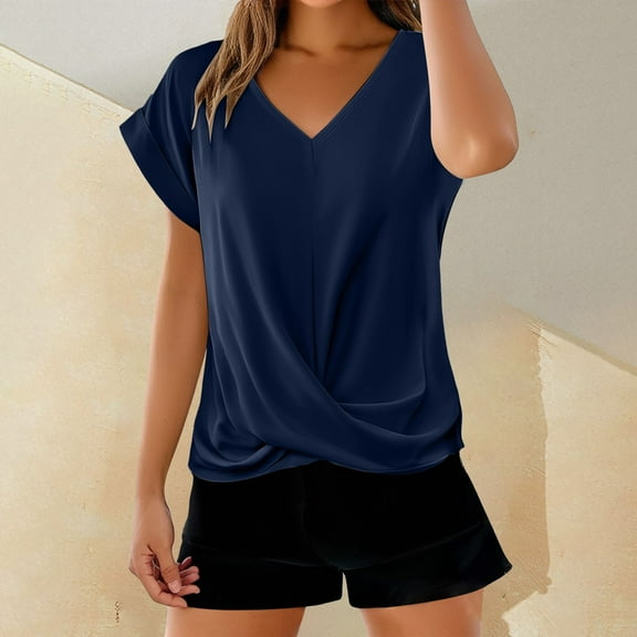 Womens Blouses Solid Color V Neck T Shirt Elegant Short Sleeved Top for Spring and Summer Women's Clothing Fashion Clothing