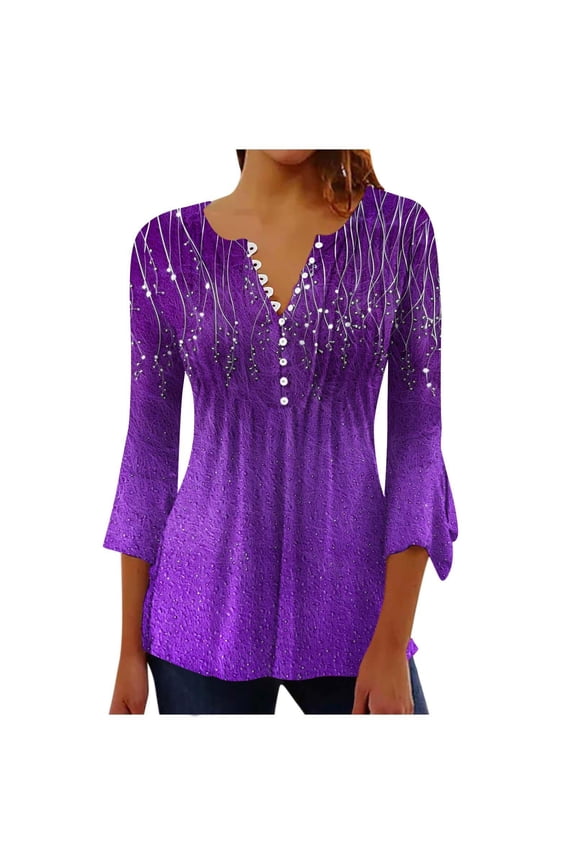 Womens Blouses Spring Summer Flow Ruched Floral Print Button Up V Neck Loose 3/4 Sleeve Tunic Shirts