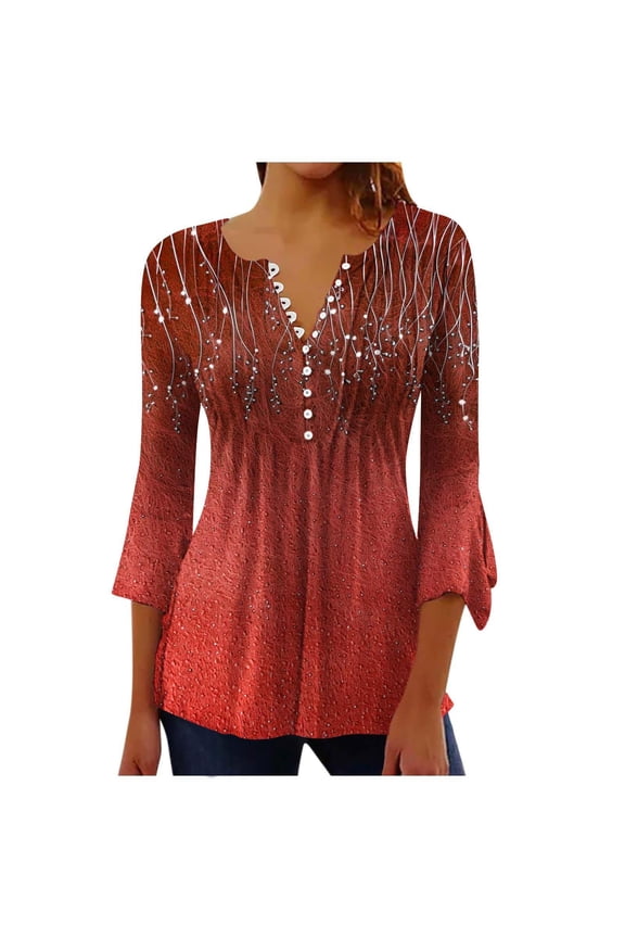 Womens Blouses Spring Summer Flow Ruched Floral Print Button Up V Neck Loose 3/4 Sleeve Tunic Shirts