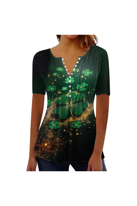 Womens Blouses,St Patricks Day Shirt Women Shamrock Short Sleeve Tops Casual Button V Neck Tunic Blouses Irish Green Outfits