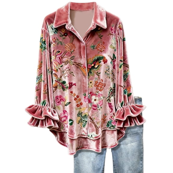 Womens Blouses Stylish Printed Pattern Long Sleeve Fashion Turn Down Collar Business Casual Clothing for Women,Pink,L