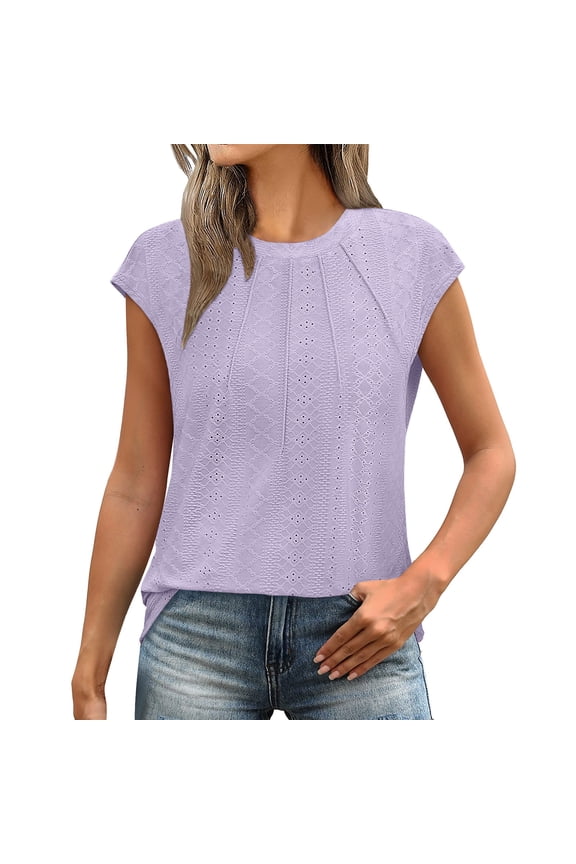 Womens Blouses Summer Casual Cap Short Sleeve Tops Basic Textured Solid Color Round Neck T Shirts Blouse