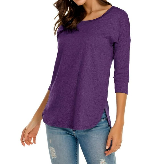 Womens Blouses Summer Casual Tops Dressy T Shirts Pleated Scoop Neck 3/4 Sleeve Office Work Chiffon Shirts