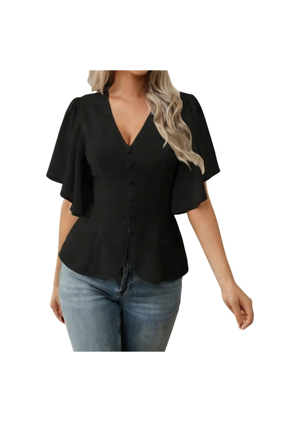 Womens Blouses Summer Casual V Neck Shirts Ruffle Short Sleeve Blouses Button Down Going Out Tops Elegant Smart Business Office Work Shirts S-XXL
