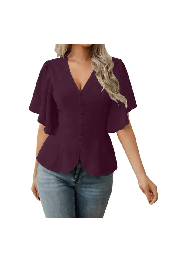 Womens Blouses Summer Casual V Neck Shirts Ruffle Short Sleeve Blouses Button Down Going Out Tops Elegant Smart Business Office Work Shirts S-XXL