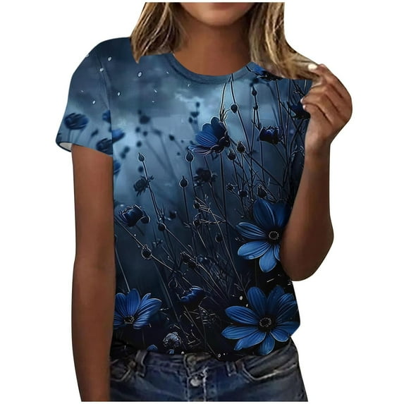 Womens Blouses Summer Clothing Top Fashion Spring Floral Print Shirts Loose Casual Pullover Short Sleeve T-Shirts Tops