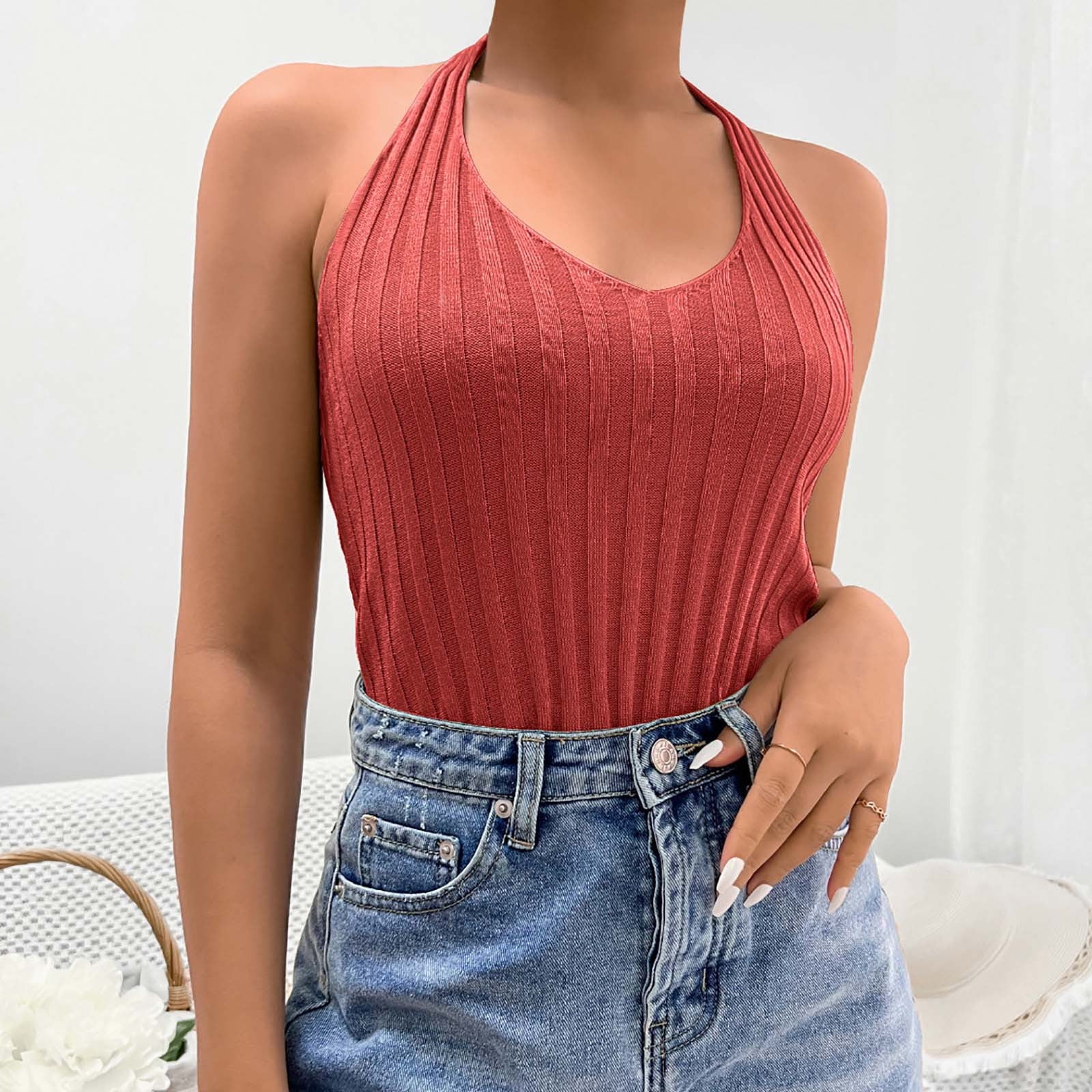 Womens Blouses Summer Fashion Solid Color Halter Neck Sleeveless Tops