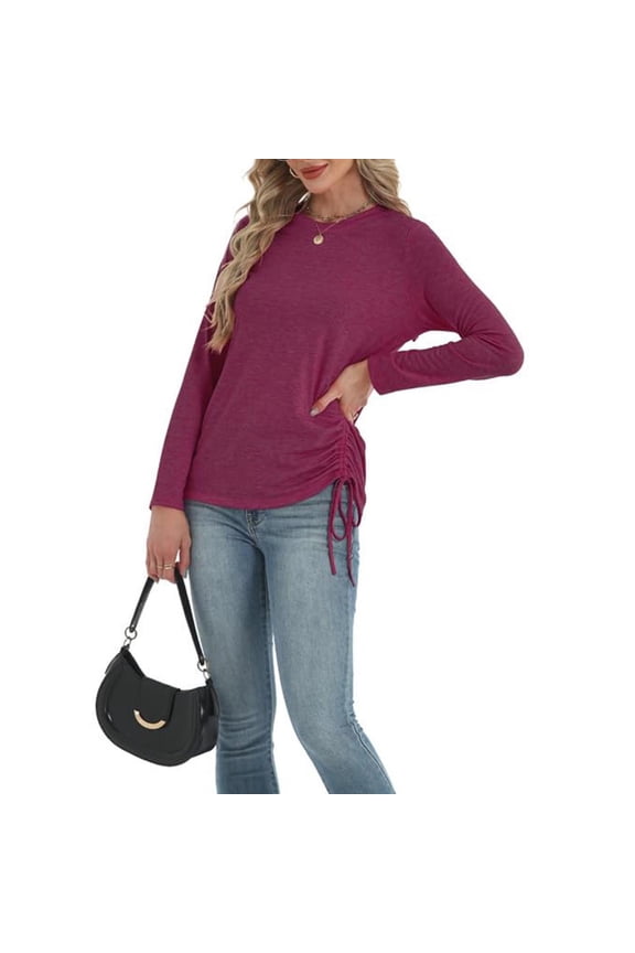 Womens Blouses Summer Long Sleeve Solid Color Cute Trendy Tunic Blouses Comfort Slim Fit Crew Neck Tunic T Shirts Tops Dressy Tops for Women