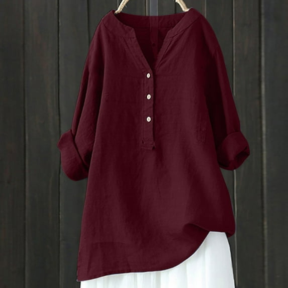 Womens Blouses Summer Solid Color V Neck Stank Button Down Long Sleeve Loose Casual Tops Elegant Tunics Streetwear