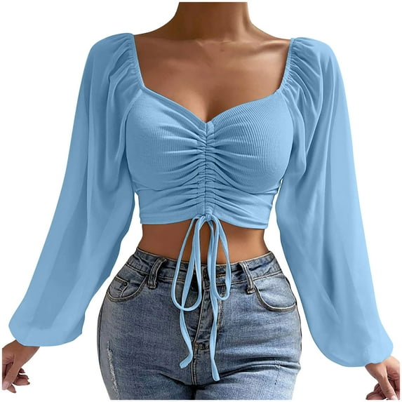 Wo-Fusoul Mesh Long Sleeve Top Women's Long Sleeve Mesh Solid Color Drawstring V-Neck Short Top, Stylish for Layering & Casual Wear Women'S Long Sleeve Tops