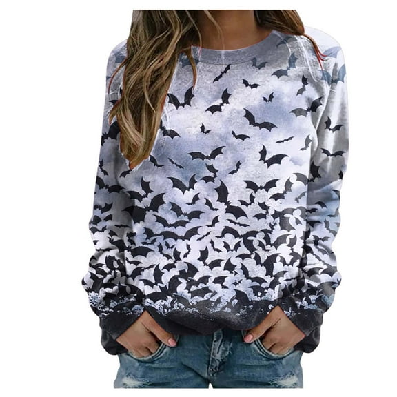 Womens Blouses Sweat O Neck Printing Cute Bat Long Sleeve Ladies Clothing,Grey,L