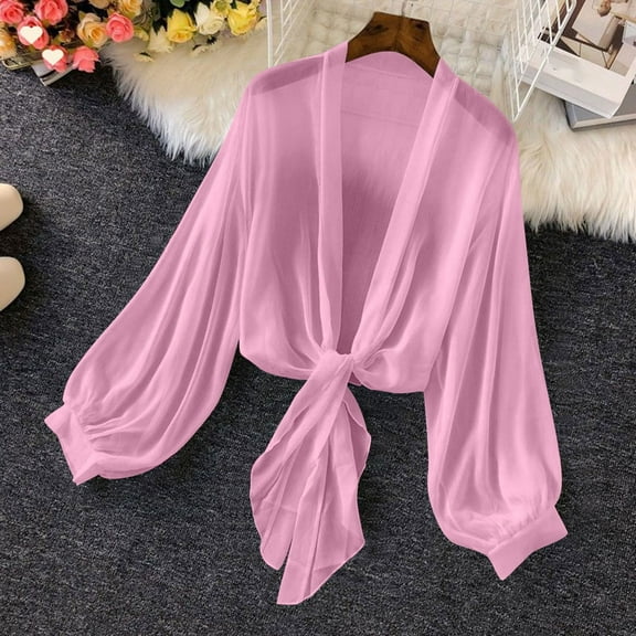 Womens Blouses Swimwear Cover Ups Tops Tunic Self Tie Swimsuit Bikini Bathing Suit Long Sleeve Soft Beach Shirt for Women Going Out Tops for Women