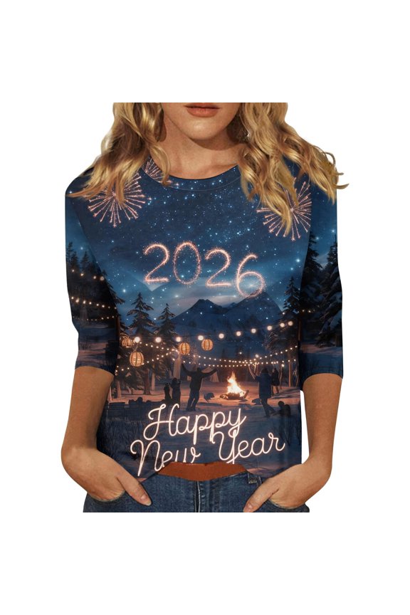 Womens Blouses T Shirt Casual 3/4 Sleeve Graphic Tees New Years Countdown Tops Long Sleeve Shirts For Women