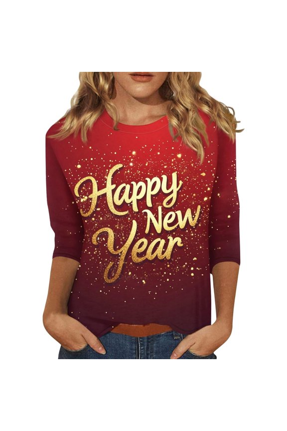 Womens Blouses T Shirt Casual 3/4 Sleeve Graphic Tees New Years Countdown Tops Long Sleeve Shirts For Women