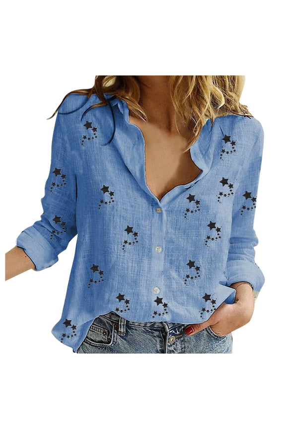 Womens Blouses T Shirts Turn-Down Long Sleeved Cardigan With Lapel Button And Star Pattern Plus Size Womens Clothing,Blue,L