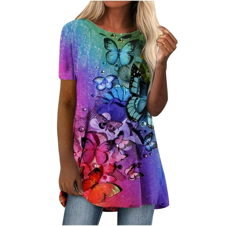 Womens Blouses and Tops Casual, Long Tunics for Women to Wear with Leggings  Round Neck Short Sleeve Flowy Shirts Plus Size Graphic Print Tops long