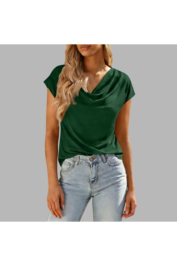 Womens Blouses and Tops Dressy Cap Short Sleeve Cowl Neck Business Casual Work Clothes Summer 2026 Regular Fit Draped Front Solid Office Interview Shirts for Women