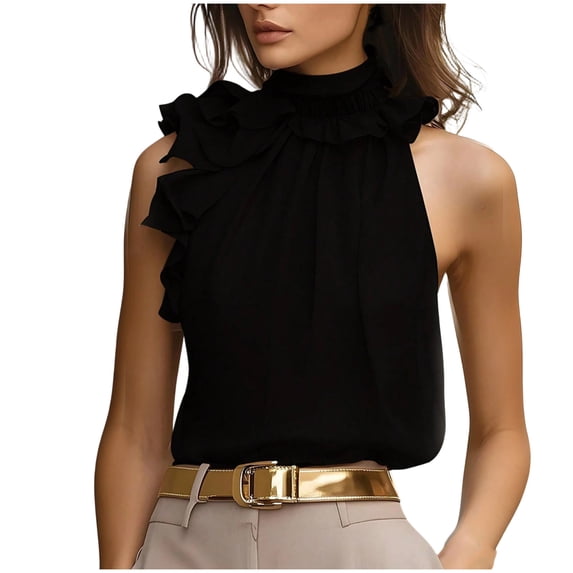 Womens Blouses and Tops Dressy Sleeveless Mock Neck Ruffle Chiffon Halter Shirt Elegant Solid Color Keyhole Back Summer 2026 Evening Party Going Out Clothes
