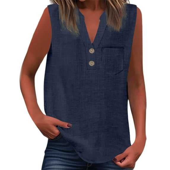 Womens Blouses Tops Fashionfor Wear Sleeveless Button Up Versatile Solid Color For Jeans Womens Dressy Casual Shirts,Navy,2XL
