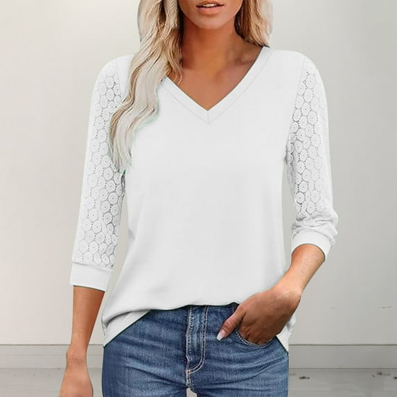 Womens Blouses Tops Lace Three Quarter Sleeves Shirts for Women Fashion Solid Color V-Neck Pullover Basic Fall Loose Casual Tee Shirts #02 White 2XL
