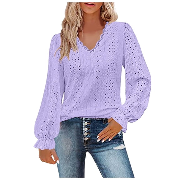 Womens Blouses Tops Long Sleeved V-Neck Sweater Solid Color Womens Clothes,Purple,XL