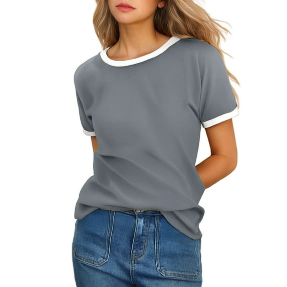 Womens Blouses Tops Solid Color Crew Neck Short Sleeve With Contrast Trim Plus Size Womens Clothing