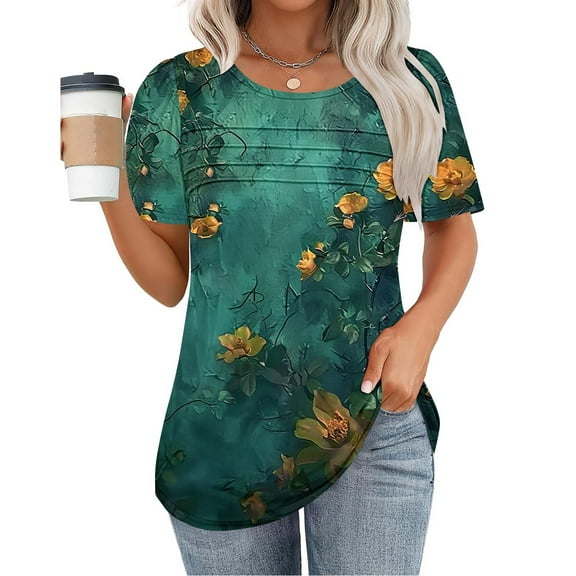 Womens Blouses Tops,Summer New Fashion Floral Prints Top Loose Round Neck Chest Pleated Shirts Womens Casual Short Sleeve Blouse Pullover Tops
