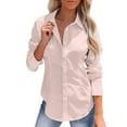 thumbnail image 1 of Womens Blouses Tops T Shirts Fashion Lapel Long Sleeve Linen Button Solid Color Slim Fit Tees,Pink,S, 1 of 3