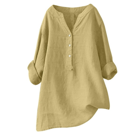 Womens Blouses Tops T Shirts Solid Color Stand Up Collar Button Long Sleeved Tees,Yellow,S