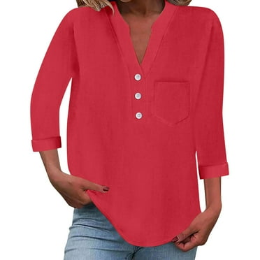 Womens Blouses Tops Trendy Stylish 3/4 Sleeve Pocket Detail Womens Clothes,Red,2XL