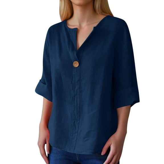 Womens Blouses Tops V Neck Button Down Loose Button Solid Color Short Sleeved Womens Tee Shirts,Blue,M