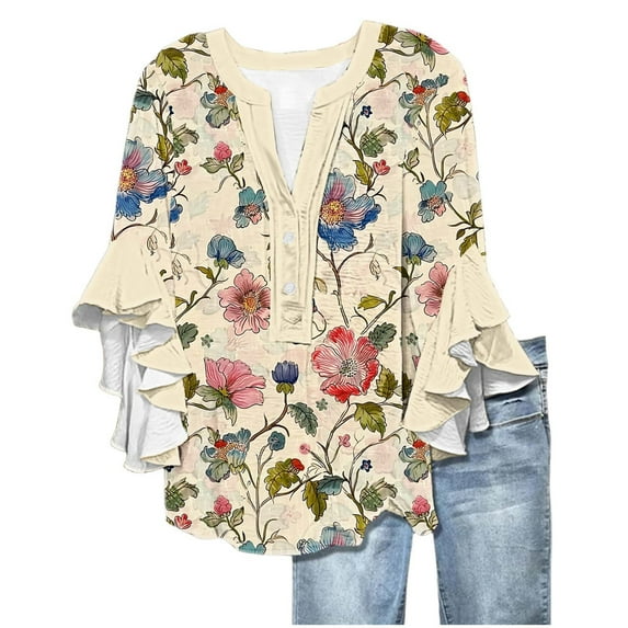 Womens Blouses Trendy 2025 Button up Ruffle Short Sleeve T Shirts Floral Print Ruffle 3/4 Sleeve V-Neck Shirts Spring Summer Tunic Tops, G-Color, S