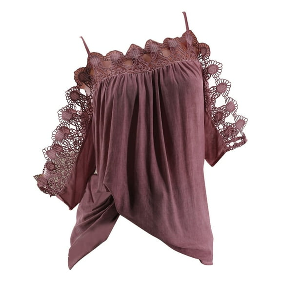 Womens Blouses Women Floral Lace Short Sleeve Cold Shoulder Strappy Summer Top S-5XL Back Support Top Women Backless Tops for plus Size Lose Cardigan Fitted 9/ 11 Fitted Camisole Padded High