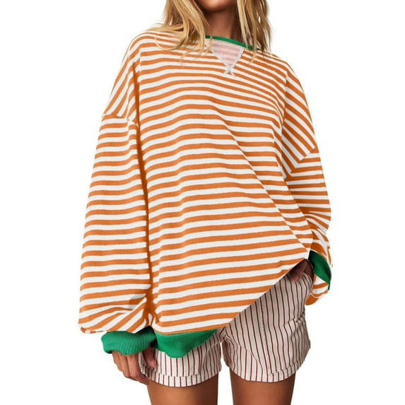 Womens Blouses Women Oversized Striped Color Block Long Sleeve Crew Neck Sweatshirt Casual Loose Pullover Y2000 Shirt Top Long Sleeve Shirts for Women