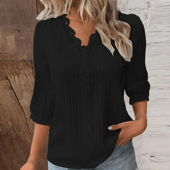 Womens Blouses Women Summer Lace V Neck Plain Lace Elegant Shirt Fashion Solid Color Elegant Blouse 3/4 Length Sleeve Plus Size Scrub Tops Fashion Clothing