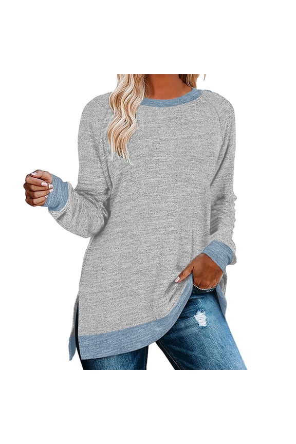 Womens Blouses Women's Clothing Long Sleeve Round Neck Split Top Loose Casual Pullover Top Shirt Long Sleeve Shirts for Women