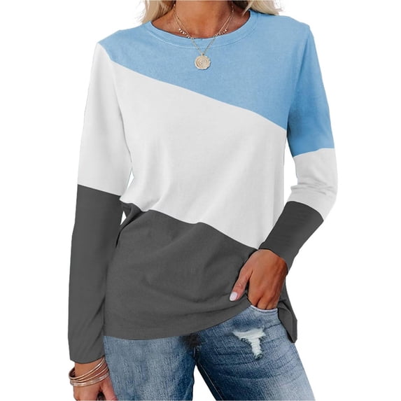 Womens Blouses Women's Color Block Tunic Tops Casual Long Sleeve Shirts Round Neck Pullover Long Sleeve Shirts for Women
