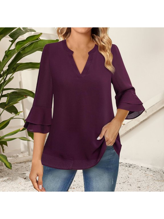 Womens Blouses Women's Fashion Casual Seven Point Flared Sleeve Double Chiffon Waist Solid Color V Neck Top Long Sleeve Shirts for Women