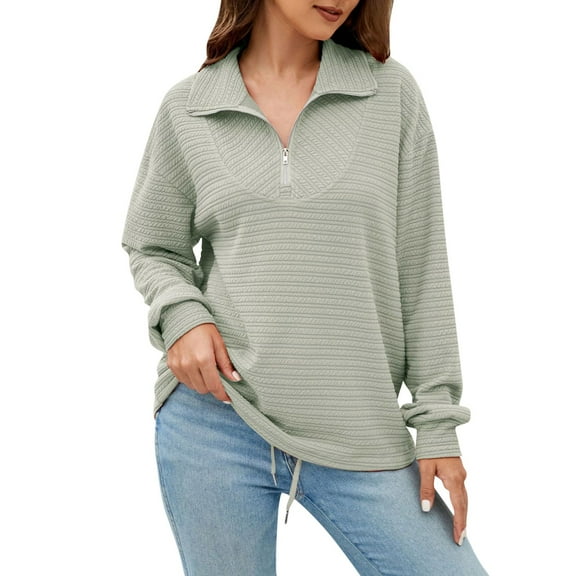 Womens Blouses Women's Fashion Lapel Zipper Drawstring Loose Pullover Long Sleeve Casual Sweatshirt