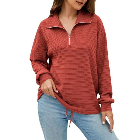 Womens Blouses Women's Fashion Lapel Zipper Drawstring Loose Pullover Long Sleeve Casual Sweatshirt