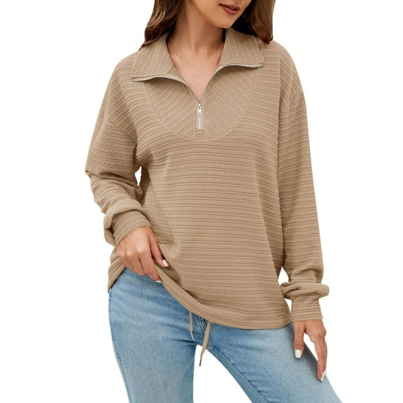 Womens Blouses Women's Fashion Lapel Zipper Drawstring Loose Pullover Long Sleeve Casual Sweatshirt