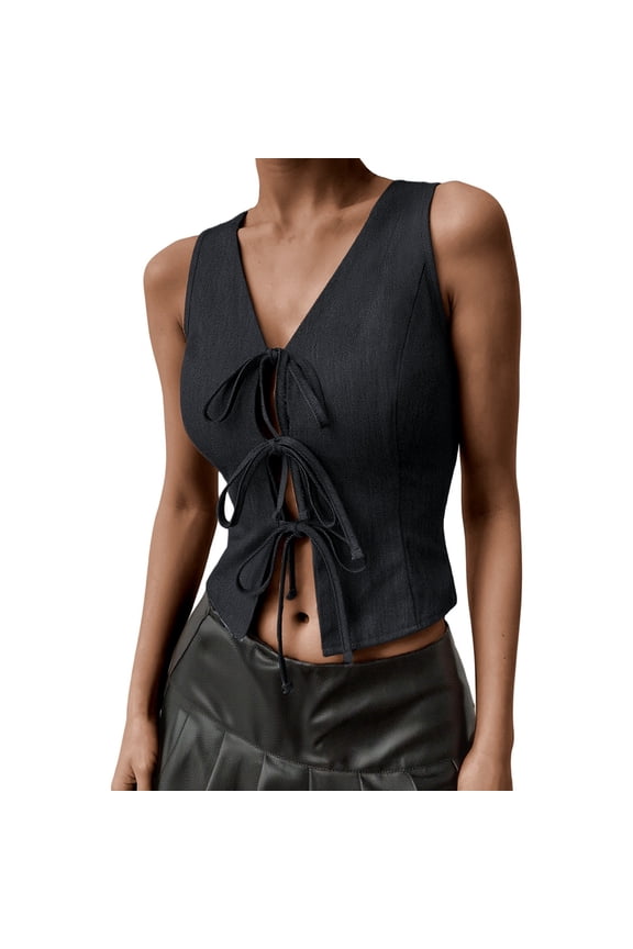 Womens Blouses Women's Fashion Sleeveless Tie Front Camisole Stretchy Fitted Tank Top Casual Comfortable Summer Blouse T Shirt High Neck Top Base Crop Top 3 Shirt Women Cropped Top Compression