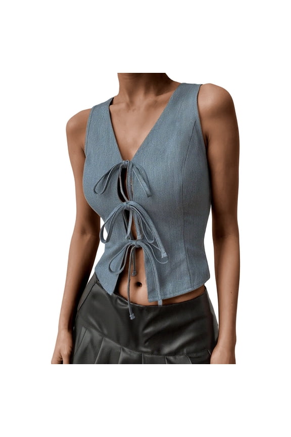 Womens Blouses Women's Fashion Sleeveless Tie Front Camisole Stretchy Fitted Tank Top Casual Comfortable Summer Blouse T Shirt High Neck Top Base Crop Top 3 Shirt Women Cropped Top Compression