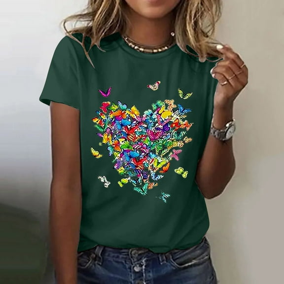 Womens Blouses Women's Love Butterfly Printed Shirt Short Sleeve Round Neck T Shirt Fashion Top Lightweight Soft Casual Summer Clothing Clothes Fashion Clothing