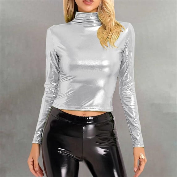 Womens Blouses Women's Metallic Liquid Mock Neck Turtleneck Crop Top Long Sleeve/Sleeveless Tank Top T Shirt Fashion Clothing
