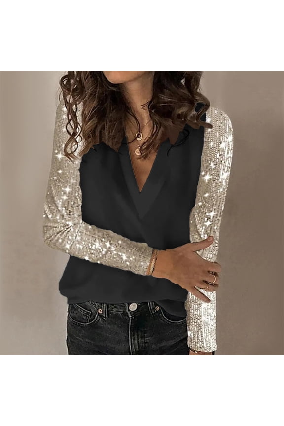 Womens Blouses Women's Sequin Stitched Long Sleeved Blouse with Loose V Neck Pullover Long Sleeve Shirts for Women